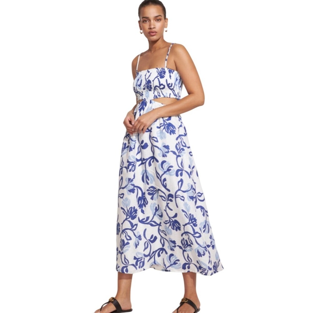 Faithfull The Brand Tayari Cut out Linen midi‎ dress Blue Ensola Floral Print S